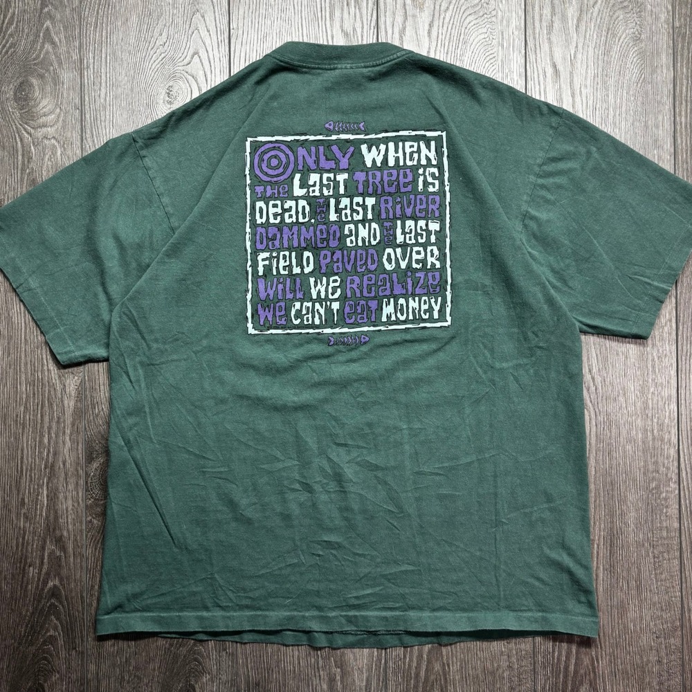 Vintage 90s Last Tree Environmental Graphic T-Shirt Green XL USA Made Alore